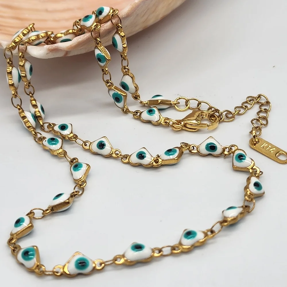 FP Designer Artisan Blue Evil Eye Gold Heart 14k Goldplated Choker Chain